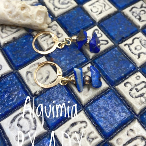 Gold lapis lazuli statement drops earrings - Picture 1 of 5